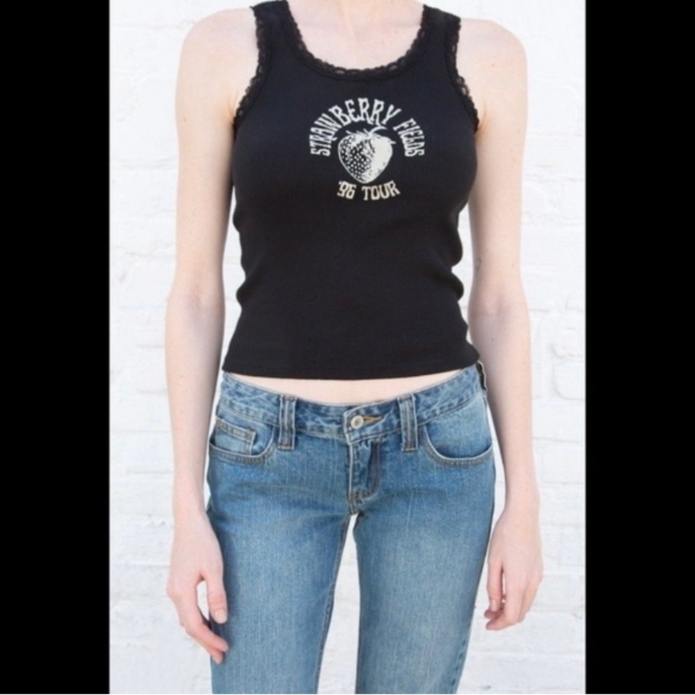 Brandy Melville John Galt Black Strawberry Fields Ribbed Lace Tank Top One Size